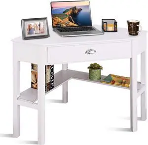 GOFLAME Computer Corner Desk, Wood Compact Home Office Writing Workstation with Drawer and Shelves, Laptop PC Corner Table for Small Space Home Office, White
