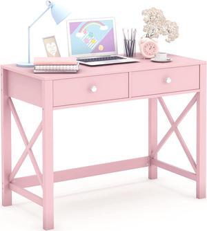 Home Office Desk with Drawers, Modern Writing Computer Desk for Bedroom, Small Pink Makeup Vanity Table Desk for Girls, Study Table for Home Office