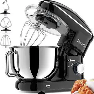 Facelle Stand Mixer, 660W 6 Speed Electric Kitchen Mixer with Pulse Button, Attachments include 6.5QT Bowl, Dishwasher Safe Beater,Dough Hook,Whisk & Splash Guard for Dough,Baking,Cakes,Cookie(Black)
