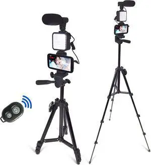 Smartphone Video Kit, Vlogging Kit, Youtuber Kit, with Microphone Light Tripod 50" Extendable Phone Clip Remote Control Compatible with iPhone/Smartphone/Cameras