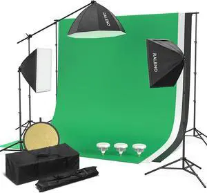 RALENO Photography Lighting Kit, 8.5ft x 10ft Background Support System with 3 x 85W 5500K LED Bulbs Softbox and 2-in-1 Reflector, Continuous Softbox Light for Photo Video Shooting