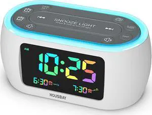 HOUSBAY Glow Small Colorful Alarm Clock Radio with Rainbow Digit, 7 Color Night Light with ON/Off Options, Dual Alarm, Dimmer, FM Radio with SleepTimer for Bedrooms