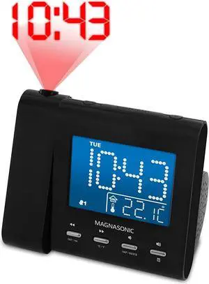 Magnasonic Projection Alarm Clock with AM/FM Radio, Battery Backup, Auto Time Set, Dual Alarm, Nap/Sleep Timer, Indoor Temperature/Date Display with Dimming & 3.5mm Audio Input - Black (EAAC601)