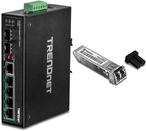 TRENDnet 6-Port Hardened Industrial Gigabit PoE+ DIN-Rail Switch, Black, TI-PG62 & SFP Multi-Mode LC Module, Up to 550m (1800 Ft), Mini-GBIC, Hot Pluggable, Silver, TEG-MGBSX TRENDnet 6-Port Hardened Industrial Gigabit PoE+ DIN-Rail Switch, Black, TI-PG62 & SFP Multi-Mode LC Module, Up to 550m (1800 Ft), Mini-GBIC, Hot Pluggable, Silver, TEG-MGBSX