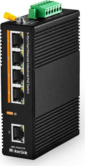 MokerLink 5 Port PoE Industrial DIN-Rail Network Switch, 60W IEEE802.3af/at PoE Power, 10/100Mbps Fast Ethernet, IP40 Rated Network Switch (-40 to 185°F), with UL Power Supply