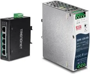 TRENDnet 5-Port Industrial Fast Ethernet DIN-Rail Switch - 4xPoE+ Ports, 1xPort, 90W PoE Budget, Black & 120W Single Output Industrial DIN-Rail Power Supply, Silver