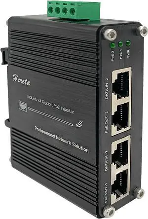 2 Ports Hardened Industrial Gigabit PoE+ Injector 30W Max Per Port 12~48VDC Power Input Support IEEE802.3af/at PoE Device Support 10/100/1000Base-T Compliant with IEEE 802.3ab