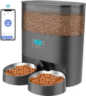 6L Automatic Cat Feeder for 2 Cats, 2.4G WiFi Enabled Smart Feed Pet Feeder for Dogs, Timed Pet Food Dispenser with Stainless Steel Bowl APP Control, 10s Voice Black