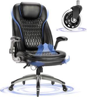 Executive Office Chair-Ergonomic Computer Desk Chair, High Back Leather Chair with Padded Flip-up Arms, Swivel Home Office Chair Upgraded Caster-Black