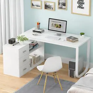 Homsee Home Office Computer Desk Corner Desk with 3 Drawers and 2 Shelves, 55 Inch Large L-Shaped Study Writing Table with Storage Cabinet - White Homsee Home Office Computer Desk Corner Desk with 3 Drawers and 2 Shelves, 55 Inch Large L-Shaped Study Writing Table with Storage Cabinet - White