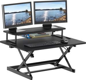 SHW Standing Desk Converter 36-Inch Pneumatic Height Adjustable with Monitor Riser, Black