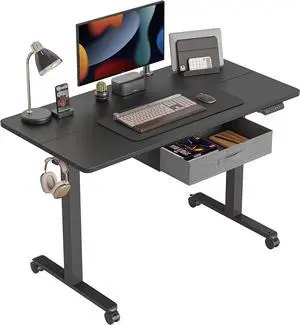 CubiCubi 48 x 24 Inch Standing Desk with Drawer, Electric Stand up Adjustable Height Electric Stand up Desk, Sit Stand Home Office Desk, Ergonomic Workstation Black Steel Frame/Black Tabletop