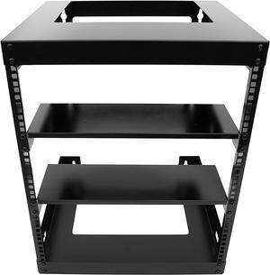 Raising Electronics 12U Wall Mount Open Frame 19 Inch Server Equipment Rack 15 Inch Depth Black with 2 Shelves