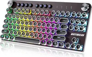 Wireless Typewriter Keyboard Mechanical TKL, 2.4G/BT5.0/Wired WM87 Retro Vintage Gaming Keyboard Typewriter Style with Punk Round Keycaps True RGB Backlit and 2 Control Knobs, Clicky Switch, Win/Mac