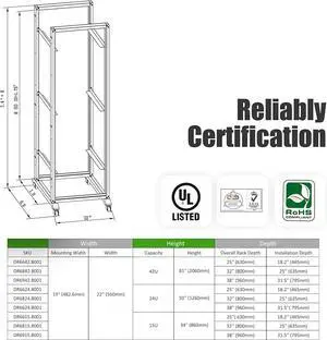 Rising Electronics Open Rack 15U 20U 28U 32U 42U 4 Post Open Frame 19-Inch Data Network Desktop Server/Audio Rack(28U, 17" Depth)