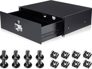 Server Cabinet Case Drawer Metal Rack Mount Tool Drawer 19 Inch Rack Mount DJ Locking Lockable Deep Drawer with Key for Enclosure Server Rack Cabinet Black (3U)