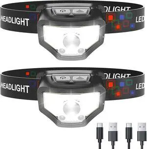 Headlamp Rechargeable 2-Pack 1200 Lumen Super Bright with White Red LED Head Lamp Flashlight 12 Modes Motion Sensor Waterproof Outdoor Fishing Camping Running Cycling Headlight