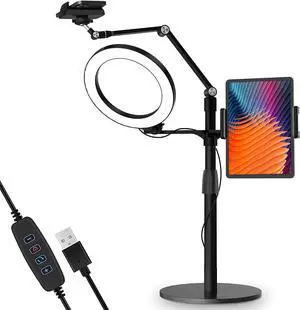3-in-1 Selfie Desktop Live Stand, Height Adjustable/Overhead, 8" LED Ring Light, Compatible with 3.5-13" Tablet& Phone, Suitable for YouTube/Tiktok/Recording/Streaming/Online Meeting-B