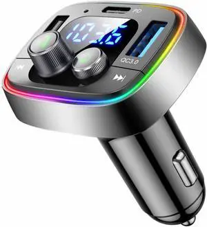 LIHAN USB C Bluetooth Adapter for Car, AUX Wireless FM Radio Transmitter, Handsfree Calling & Audio Receiver, MP3 Music Player, QC3.0 & Type-C PD USB Charger,7 Colors LED Backlit