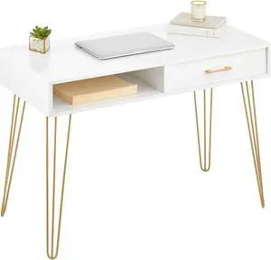 mDesign Metal/Wood Modern Computer Desk - Minimalist Desk and Computer Table with Drawer - Simple Desk with Storage Cubby and Hairpin Legs - Small Work Desk for Home Office, Study - White/Soft Brass