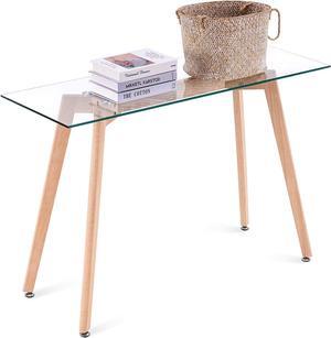 ivinta Glass Office Desk, 43 inch Rectangular Computer Desk with Solid Wood Legs for Gaming, Writing and Study, Modern Vanity Table for Living Room, Home Office, Dining Room, TAM-WT