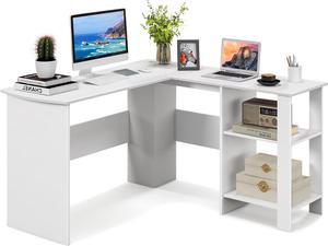 Tangkula White L Shaped Desk with Storage Shelves, Wooden Corner Computer Desk, Space-Saving Home Office Workstation, Gaming Desk, Writing Study Desk, L Shaped Office Desk