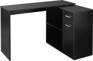 HOMCOM L Shaped Computer Desk, 180° Rotating Corner Desk with Storage Shelves, Drawer and Cabinet, Study Workstation for Home Office, Black