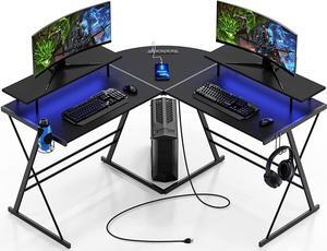 Evajoy Gaming Desk, L Shaped Computer Corner Desk, 53" Ergonomic Gaming Table with Monitor Stands, PC Desk with LED Strips and Power Outlets, Carbon Fiber Surface with Cup Holder, Headphone Hook