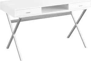 Monarch Specialties Laptop Table with Drawers and Open Shelf Computer, Writing Desk, Metal Sturdy Legs, 48" L, Glossy White