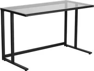 Flash Furniture Singleton Glass Desk with Black Pedestal Metal Frame