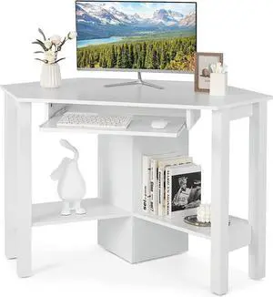 Tangkula Corner Desk, Corner Computer Desk, Wood Compact Home Office Desk, Laptop PC Table Writing Study Table, Workstation with Storage Drawer & Shelves