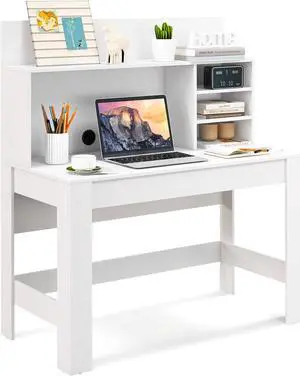 Giantex White Computer Desk with Bookshelf, 48" Home Office Writing Desk with Anti-Tipping Kits & Cable Management Hole, Modern Study Table Workstation for Small Space Bedroom