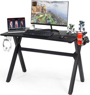 Tangkula Computer Desk Gaming Desk, Ergonomic E-Sports Desk with Cup & Headphone Holder and Mouse Pad, Gamer Workstation with Carbon Fiber Surface and X-Shape Steel Frame, Home Office Desk (Black)
