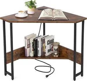 COSTWAY Corner Computer Desk, with USB Ports & Power Outlet, Storage Shelf for Small Space, Triangle Steel Frame Corner Desk for Home Office, Workstation (Rustic Brown)