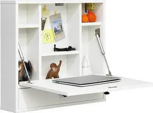 Tangkula Wall Mounted Desk, Pneumatic Floating Desk Wall Mount Laptop Table Desk with Magnetic Foldable Tabletop, Space Saving Wall Mounted with Storage Drawer and Shelves (White)