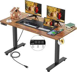 Electric Standing Desk Adjustable Height Stand Up Desk,59 x 24inch Computer Desk Adjustable Height Stand Up Desk for Home Office with 2 USB Ports,3 Power Outlets,Memory Controller,Headphone Hook,Brown