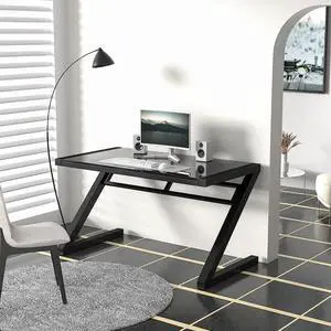 MASAKA B&W Z Shaped 55" Gaming Desk, Computer Desk Table with Tempered Glass, Sturdy Writing Workstation for Home Office, Modern Black
