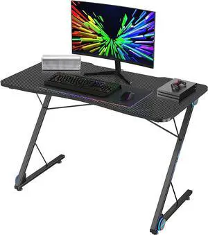Gaming Computer Desk, Z-Shaped Home Office Computer Table with LED Lights & Large Carbon Fiber Surface, Ergonomic Gamer Workstation, Writing Desk for Home Office