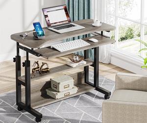 Tribesigns Portable Desk with Power Outlets, Height Adjustable Side Table Sofa Couch Bedside Laptop Computer Cart with USB Charging Ports, Mobile Small Standing Desk with Keyboard Tray