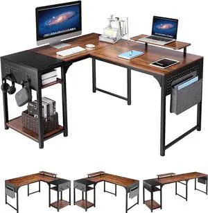 DESIGNA Reversible L Shaped Desk 59", Corner Computer Desk with Storage Shelves Home Office 2 Person Gaming Desk Industrial Writing Workstation, Rustic Brown Black
