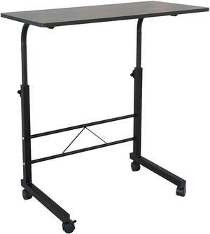 Goujxcy Sofa Side Table C Shaped End Table with Wheels, Black Rolling Bedside Laptop Table Snack Table TV Tray, Height Adjustable, Wooden Top & Metal Frame
