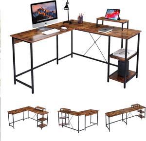 UNICOO - L Shaped Computer Desk, Modern Corner Computer Desks with CPU Stand, L Shaped Game Table with Storage Shelves, Study Writing Desk (SYK-03-L-RB) Rustic Brown