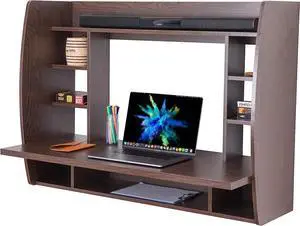 Basicwise Wall Mount Laptop Office Desk with Shelves, Brown,