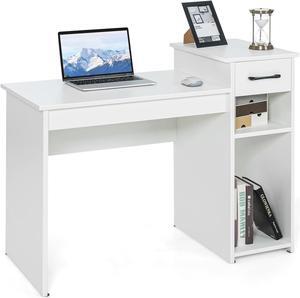 Tangkula White Desk with Storage Drawer & Shelves, Compact Desk for Small Space, Modern Wooden Study Desk Writing Desk with Storage Drawer & Compartments, PC Laptop Desk Small Desk for Bedroom
