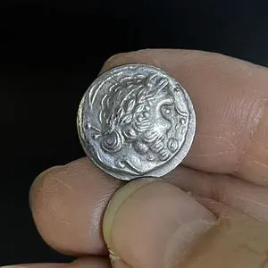 Small Ancient Greek Coin Head of Zeus - Silver Plated Tetradrachm Coin Macedonian King Philip II Celtic Sagittarius Patron Saint Homer 16mm