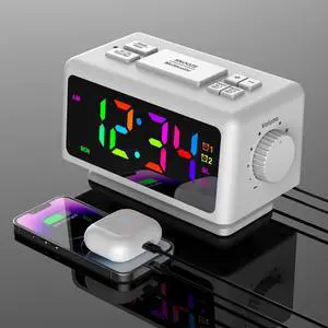 Giofimok Digital Alarm Clock with Dua knobs like as Smart Ears, Easy to Use,11 Dynamic RGB Display and 7 colors, FM Radio, 2 USB Ports,, 0-100% Dimmer, Dual Alarm Clock with Snooze, Loud Alarm (White)