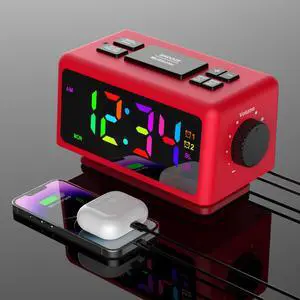 Giofimok Digital Alarm Clock with Dua knobs like as Smart Ears, Easy to Use,11 Dynamic RGB Display and 7 colors, FM Radio, 2 USB Ports,, 0-100% Dimmer, Dual Alarm Clock with Snooze, Loud Alarm (Red)