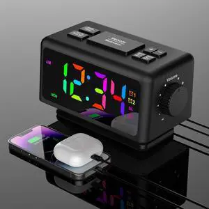 Giofimok Digital Alarm Clock with Dua knobs like as Smart Ears, Easy to Use,11 Dynamic RGB Display and 7 colors, FM Radio, 2 USB Ports,, 0-100% Dimmer, Dual Alarm Clock with Snooze, Loud Alarm (Black)