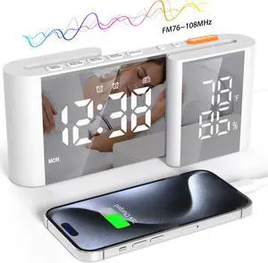 GIOFIMOK S-shaped Digital Alarm Clock, Dual Mirrored Display with Temperature & Humidity, FM Radio, USB port, Easy Setting, Auto Dim, 12/24H, Fashional Clock for Bedroom, Living Room, Office and More.