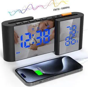 GIOFIMOK S-shaped Digital Alarm Clock, Dual Mirrored Display with Temperature & Humidity, FM Radio, USB port, Easy Setting, Auto Dim, 12/24H, Fashional Clock for Bedroom, Living Room, Office and More.
